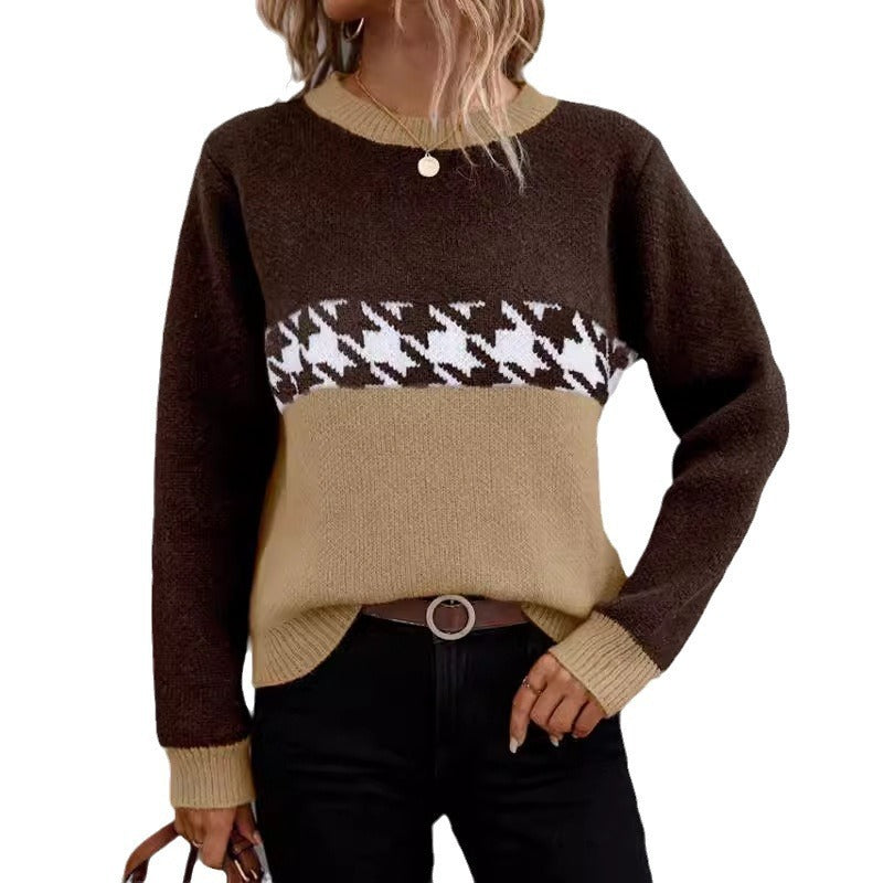 Contrast Color Pullover Round Neck Knitted Sweater