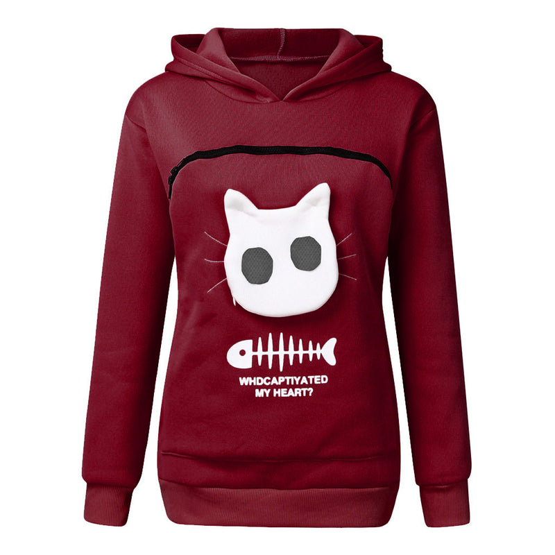 Women Hoodie Sweatshirt With Cat Pet Pocket Design Long Sleeve Sweater Cat Outfit