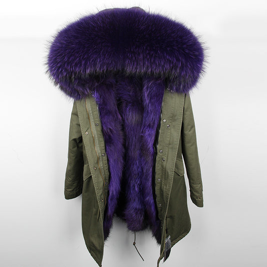 Oversized raccoon fur collar parka coat