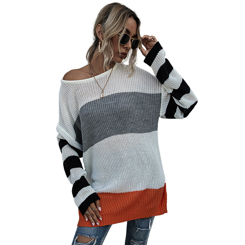 Women s Striped Round Neck Knitted Sweater
