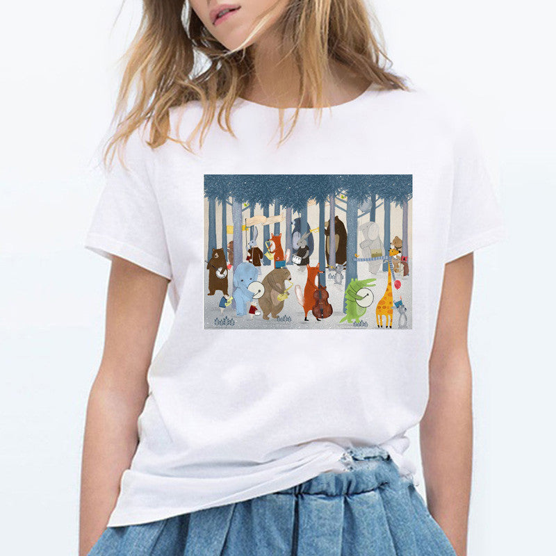 Ladies Cute Cartoon Music Zoo Print Ladies T Shirt