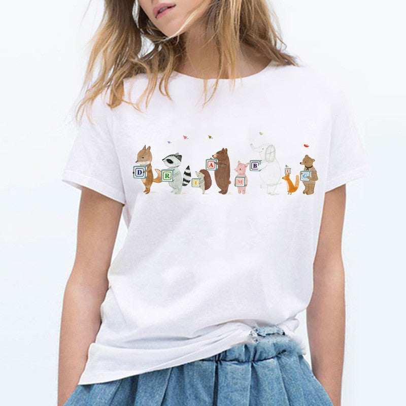 Ladies Cute Cartoon Music Zoo Print Ladies T Shirt