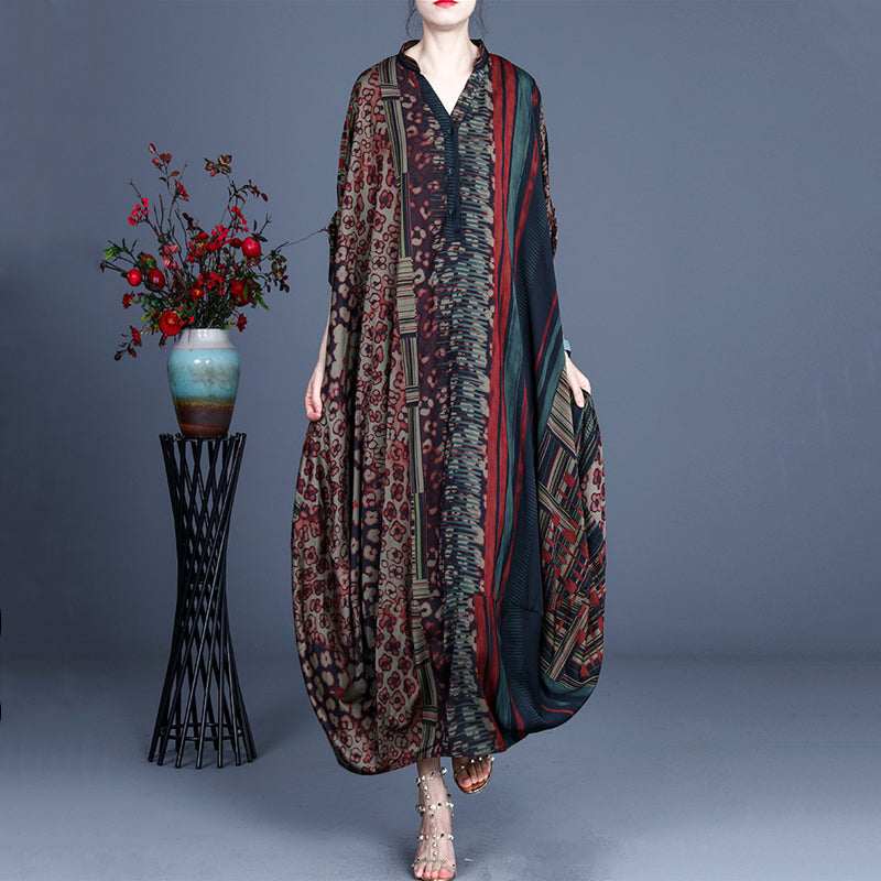 Spring And Summer Women's Retro Printing Large Size Loose Long Irregular Dress Silk Large Version Ethnic Style Long Skirt