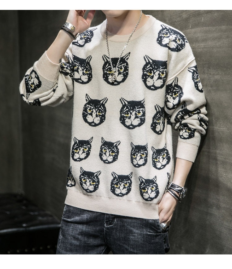 Men's Printed Sweater Fashionable Cat Autumn And Winter Personalized Casual Slim Sweater