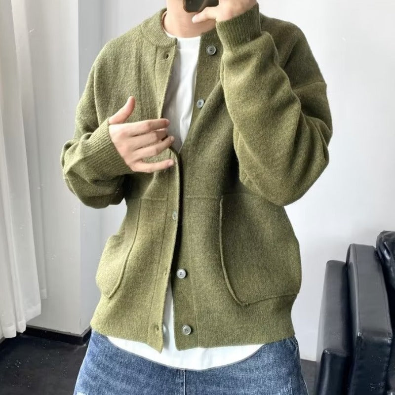 Wool Cardigan Men's Spring And Autumn Hong Kong Style Sweater Round Neck Jacket Simple Loose Thick Sweater Coat