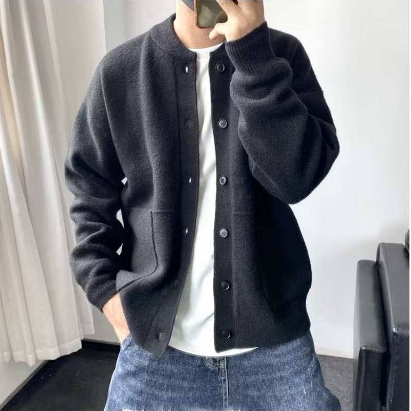 Wool Cardigan Men's Spring And Autumn Hong Kong Style Sweater Round Neck Jacket Simple Loose Thick Sweater Coat