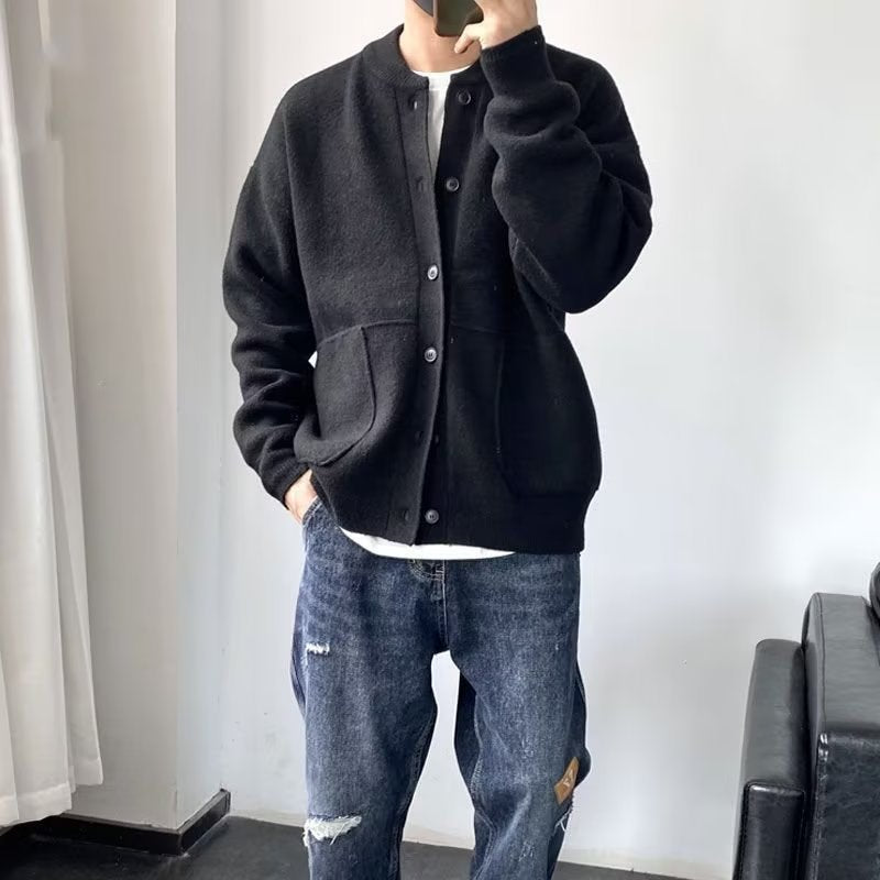 Wool Cardigan Men's Spring And Autumn Hong Kong Style Sweater Round Neck Jacket Simple Loose Thick Sweater Coat