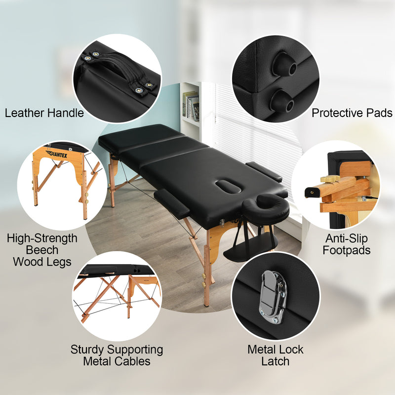 Giantex Portable Massage Table 3 Fold 84"L Adjustable Spa Bed w/Carry Case Black