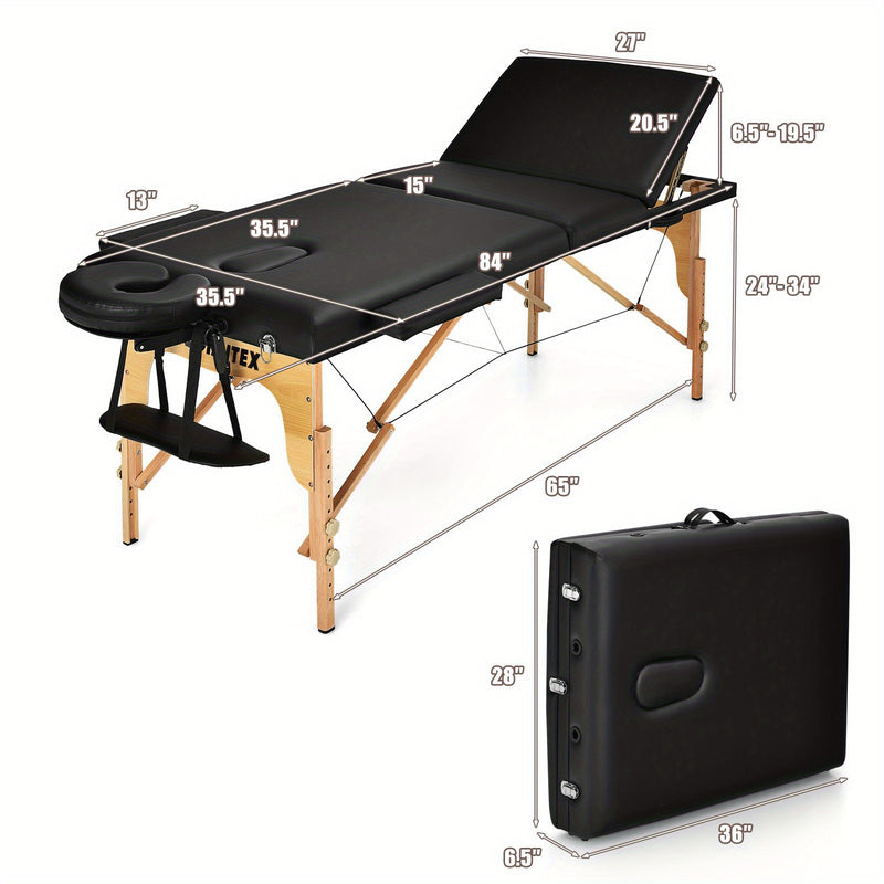 Giantex Portable Massage Table 3 Fold 84"L Adjustable Spa Bed w/Carry Case Black