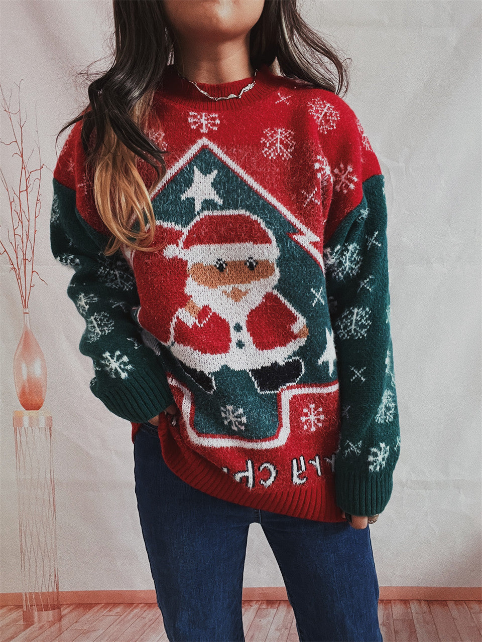 New Year Sweater Santa Snowflake Color Contrast Patchwork Round Neck Long Sleeve Knitted Pullover