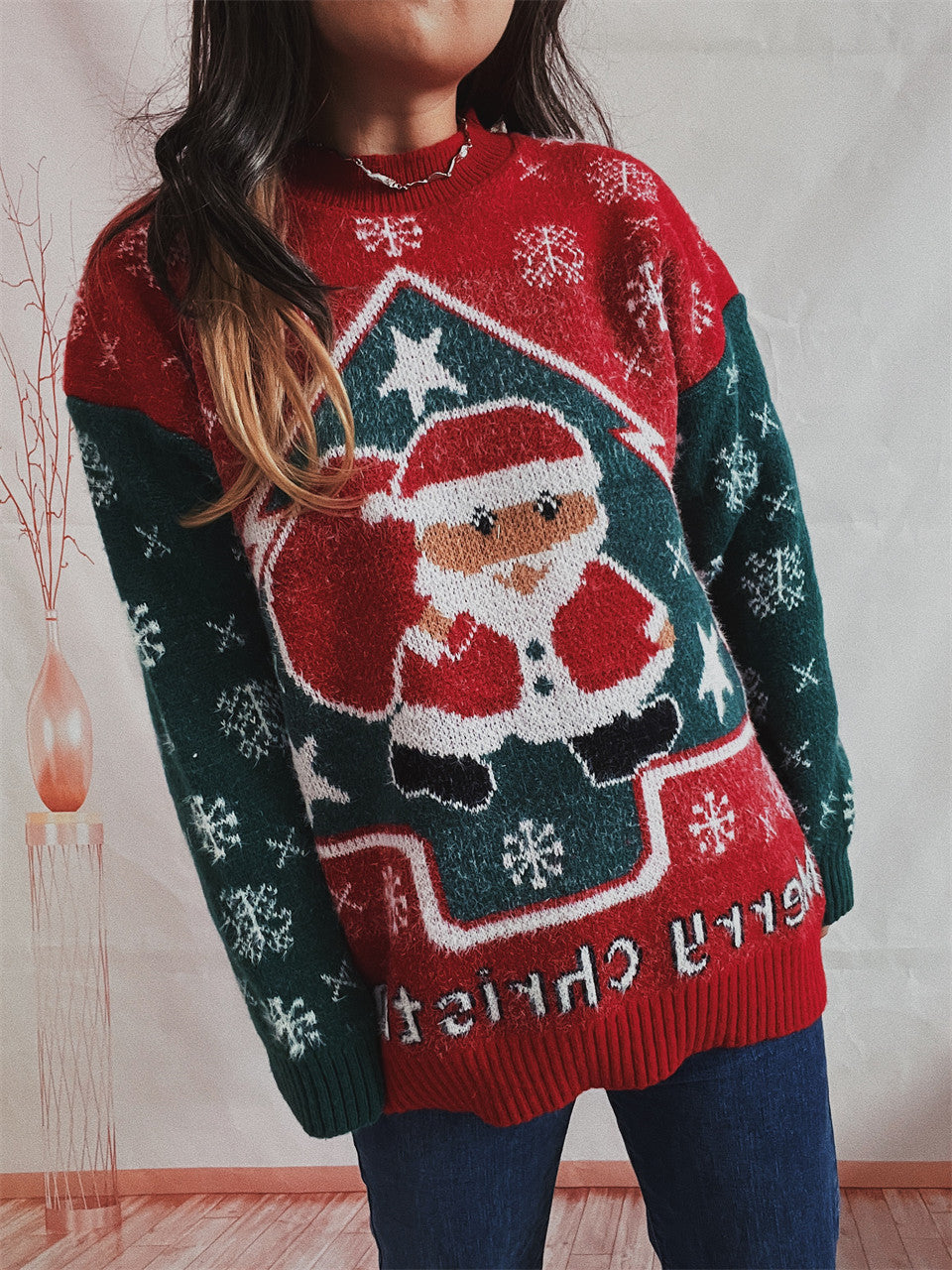 New Year Sweater Santa Snowflake Color Contrast Patchwork Round Neck Long Sleeve Knitted Pullover