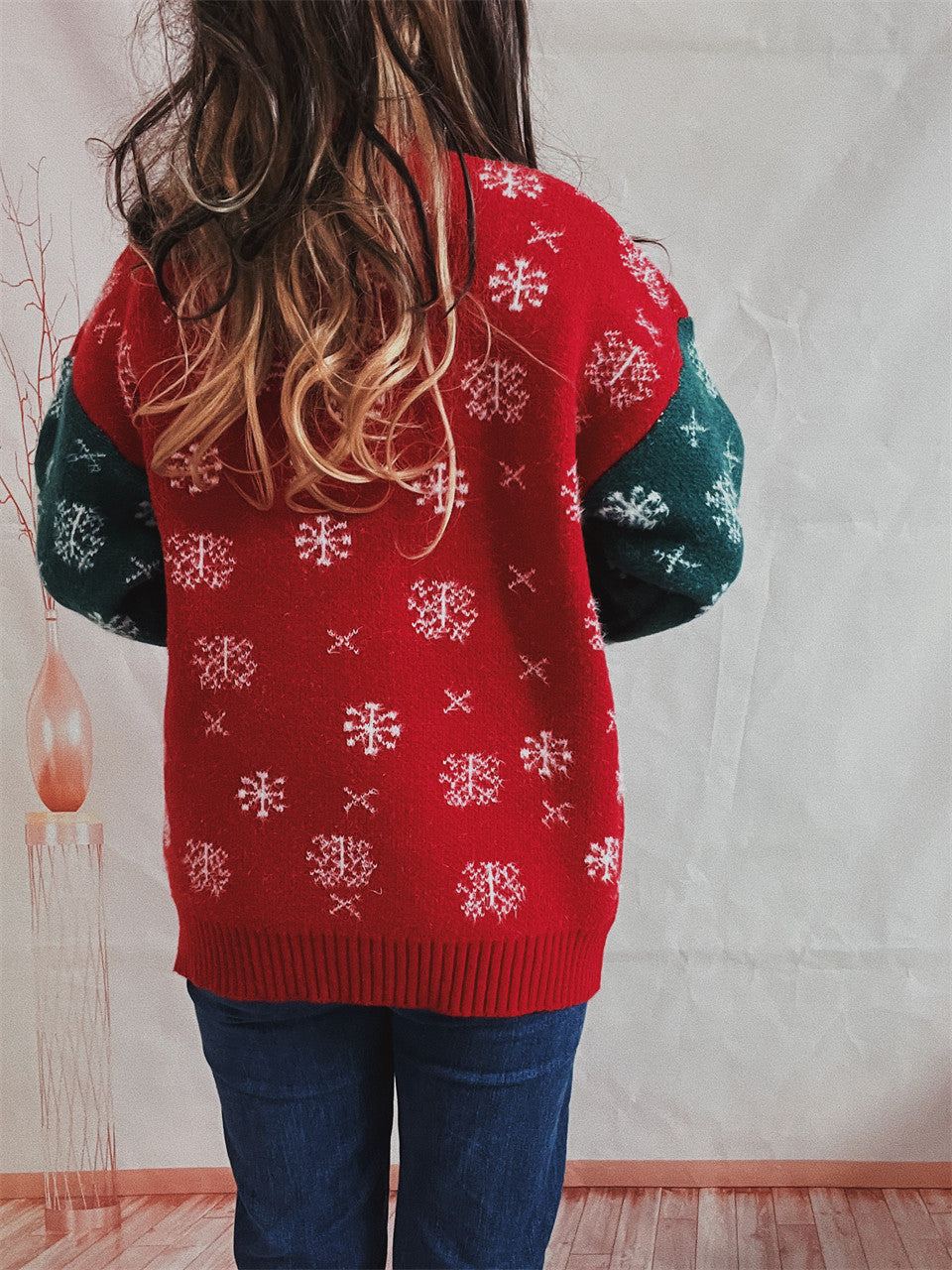 New Year Sweater Santa Snowflake Color Contrast Patchwork Round Neck Long Sleeve Knitted Pullover