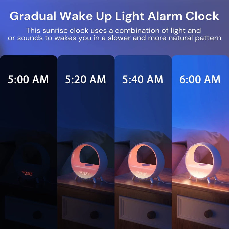 Dekala Upgraded Smart Arches Gradual Sunrise Alarm Clock with Wireless Charging BT Speaker White Noise Sleep Sound Machine with Night Light for Adults Touch/App/Button Control Work with Alexa