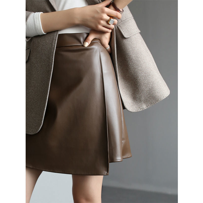 Retro High Waist PU Leather A- Line Small Leather Skirt Temperament Hip Skirt Skirt Women's Split Skirt