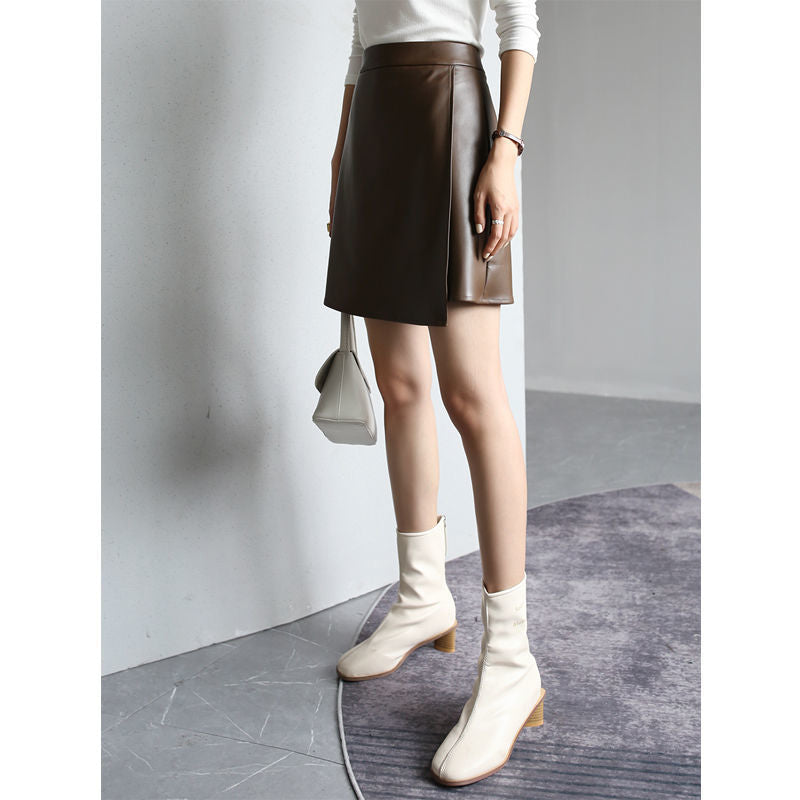Retro High Waist PU Leather A- Line Small Leather Skirt Temperament Hip Skirt Skirt Women's Split Skirt