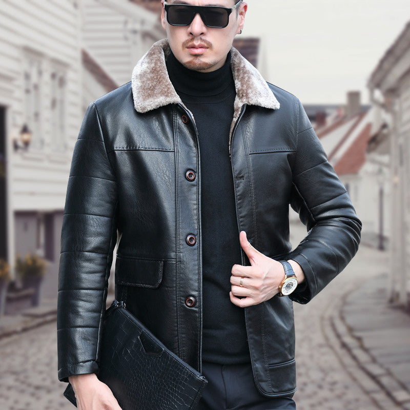 Winter Thickened Real Leather Down Jacket Men's Mid-length Coat
