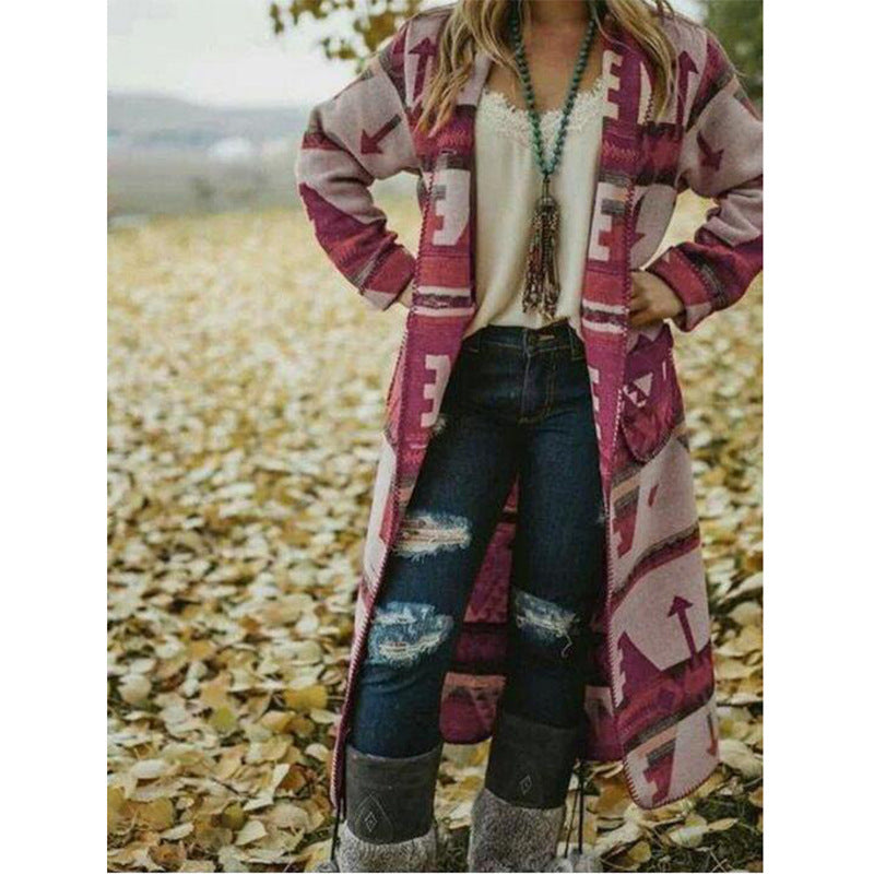 Slim Top Cross-border Long Sleeve Printed Long Coat