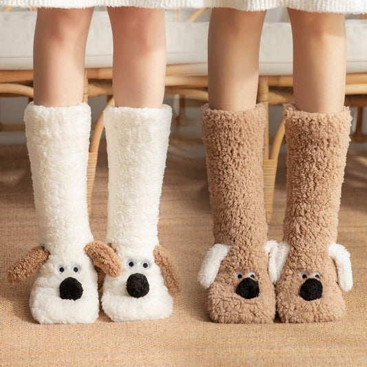 Cute Cartoon Dog Floor Socks Winter Warm Non-slip Plush Socks For Women