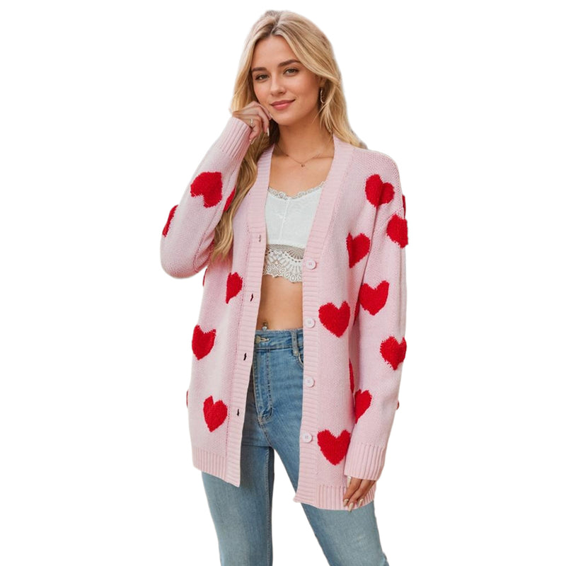 Heart Knitted Cardigan V-neck Buttons Mid-length Coat For Women