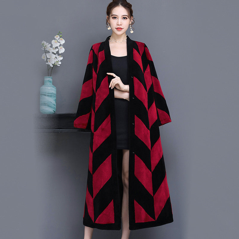 Sheep Sheared Women's Long Over-the-knee Fur Patchwork Coat