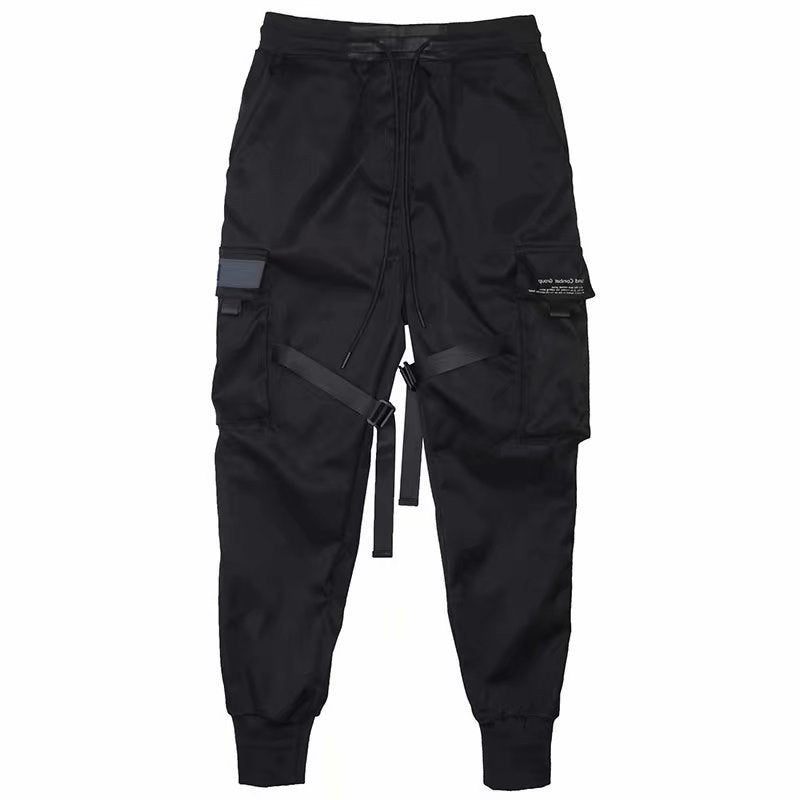 Ribbons Harem Joggers Men Cargo Pants Streetwear Hip Hop Casual Pockets Cotton Track Pants