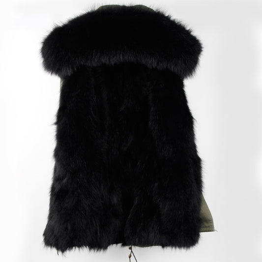 Oversized raccoon fur collar parka coat