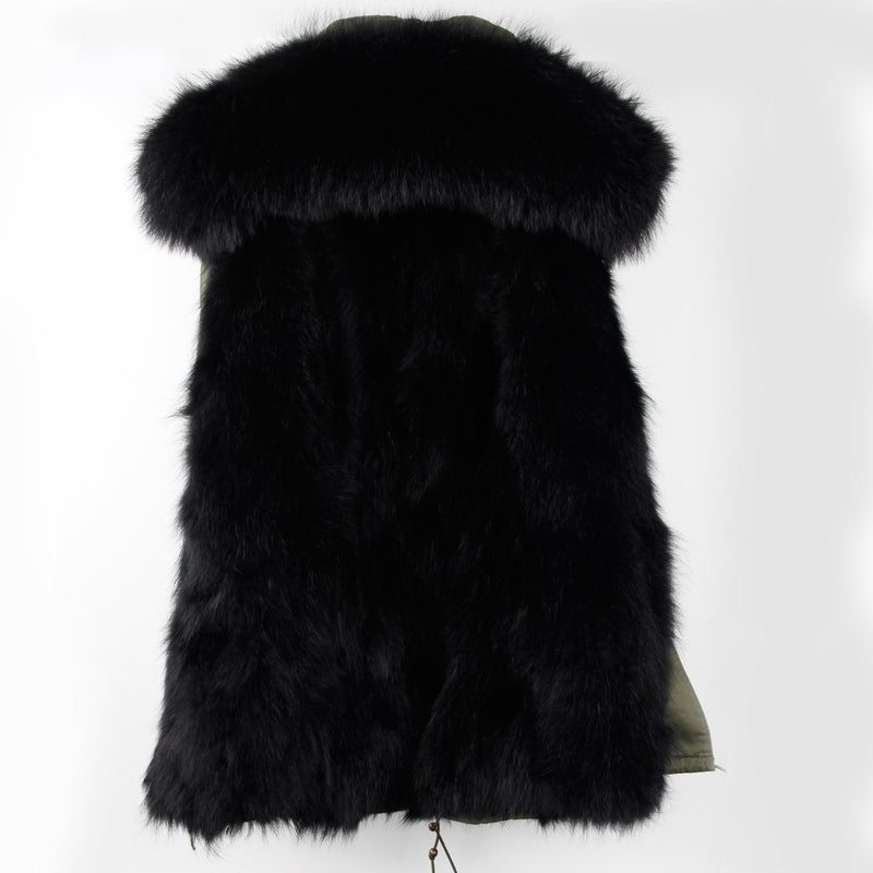 Oversized raccoon fur collar parka coat