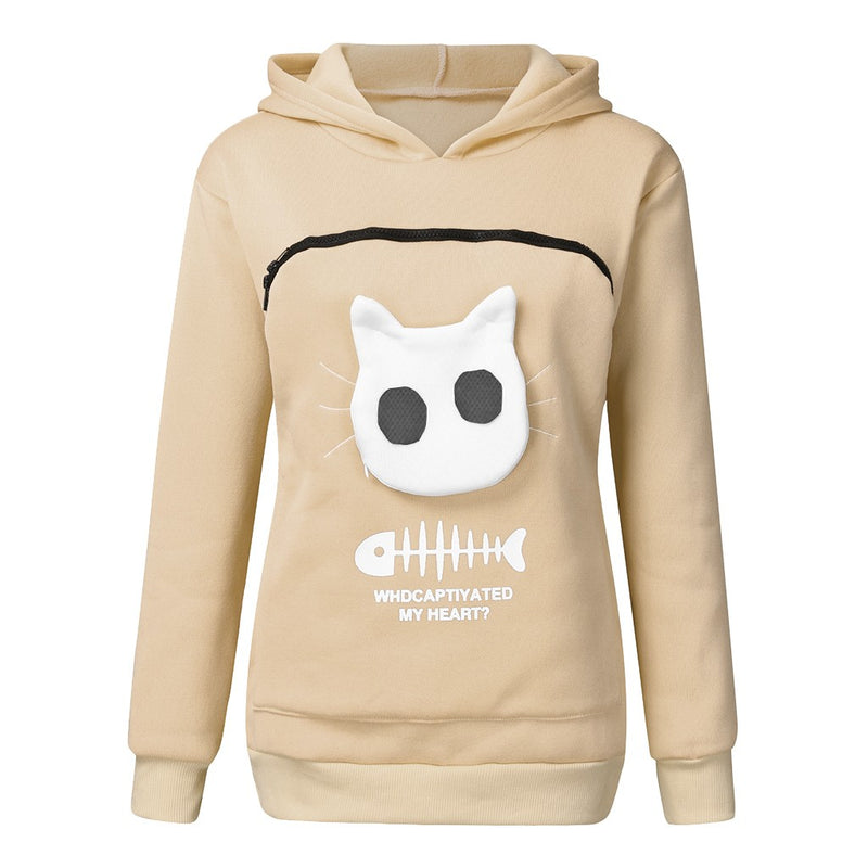 Women Hoodie Sweatshirt With Cat Pet Pocket Design Long Sleeve Sweater Cat Outfit