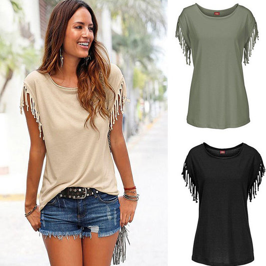 Souhait vente rapide eBay dames Europe et amérique grande taille col rond manches courtes poignets gland T-shirt couverture en coton