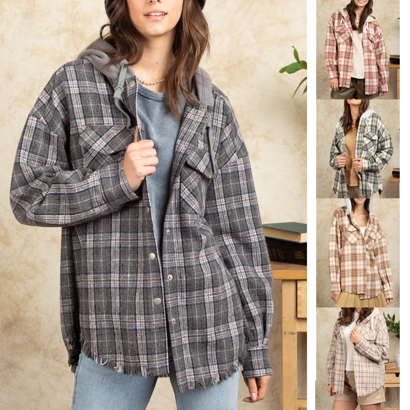 Women's Fashion Hooded Large Pocket Plaid Shirt Coat