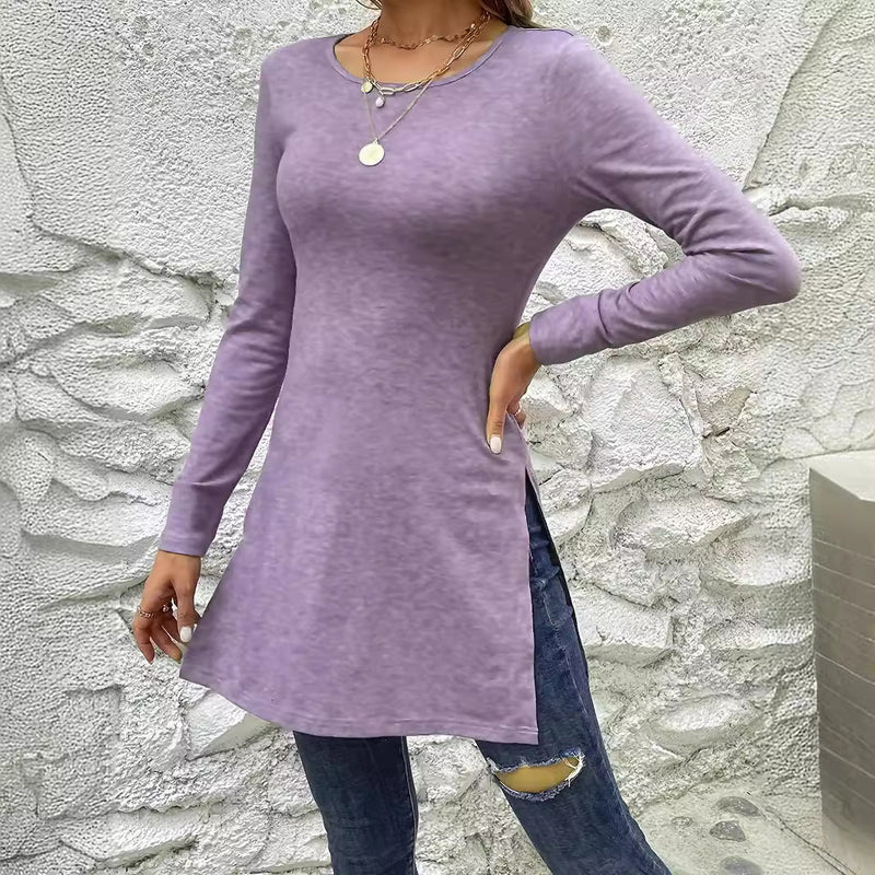 Women's Long Sleeve Slim Fit Slimming Slit Long T-shirt