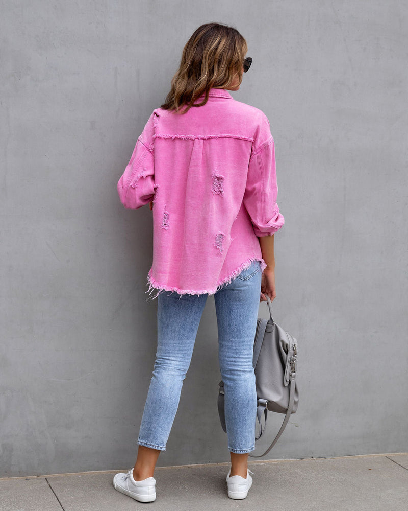Fashion Ripped Shirt Jacket Female Autumn And Spring Casual Tops Womens Clothing