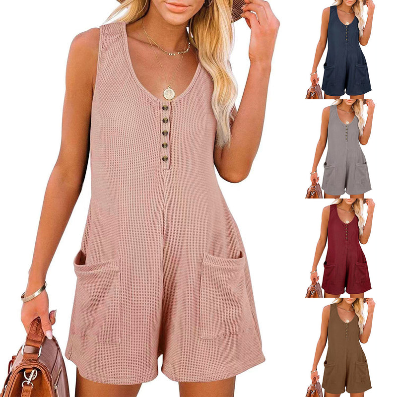 Casual Waffle Button Jumpsuit With Pockets Fashion Summer Beach Straight Shorts Overall Pants Womens Clothing