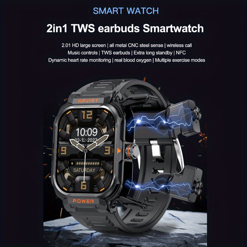 Full touch HD screen, metal alloy body, TWS sports earbuds + IP67 waterproof smart watch 2-in-1, 360 mAh battery for long-lasting usage, supports customizable watch faces, NFC unlocking