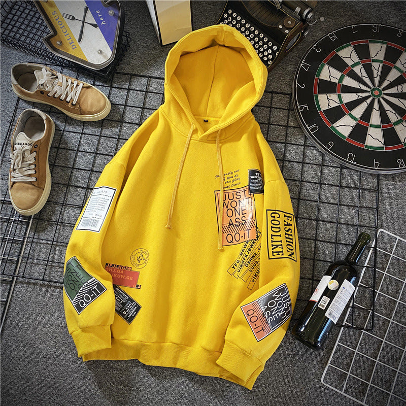 Spring & Autumn Lapel Hooded Printed Hoodie - Long Sleeve Cotton-Blend with 85% Polyester