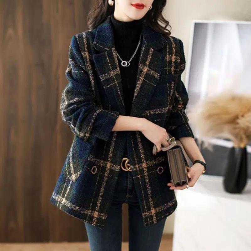 Coat Fashion Slimming Retro Plaid Patchwork Wool Female Suit