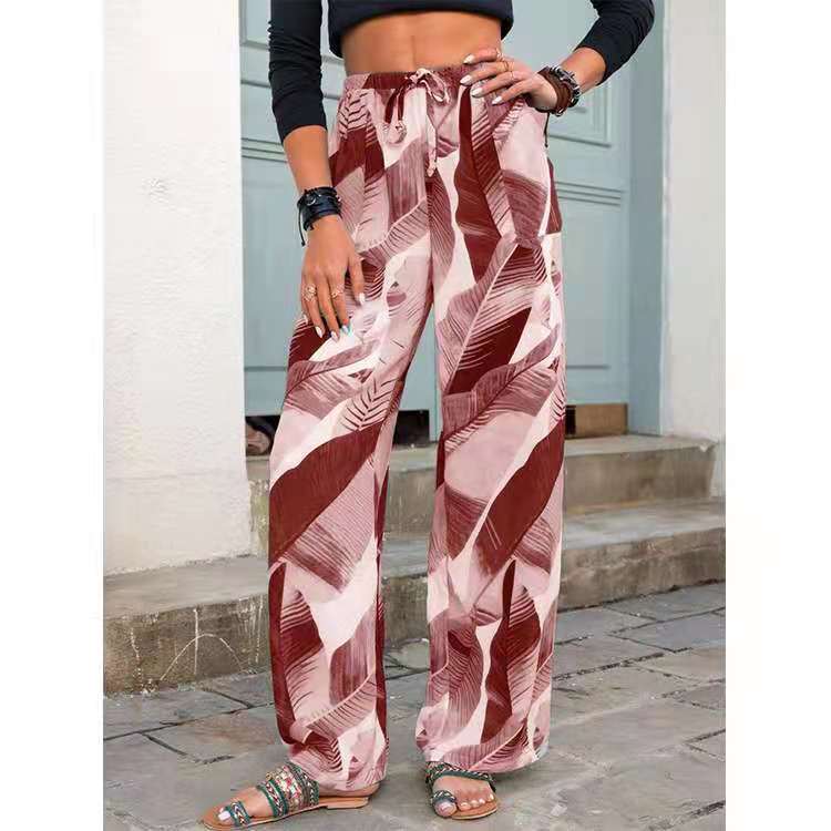 Fashion Drawstring Leaf Print Beach Pants Summer Casual Loose Wide Leg Straight Trousers Womens Clothing