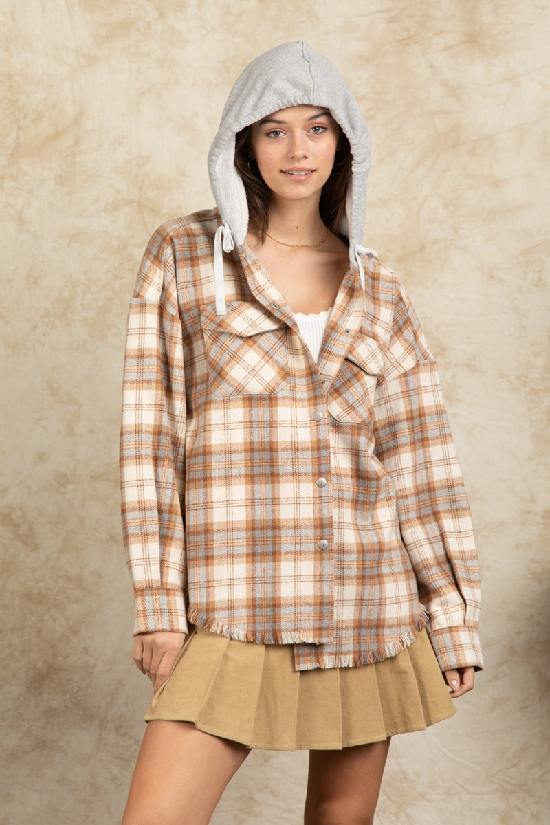 Women's Fashion Hooded Large Pocket Plaid Shirt Coat