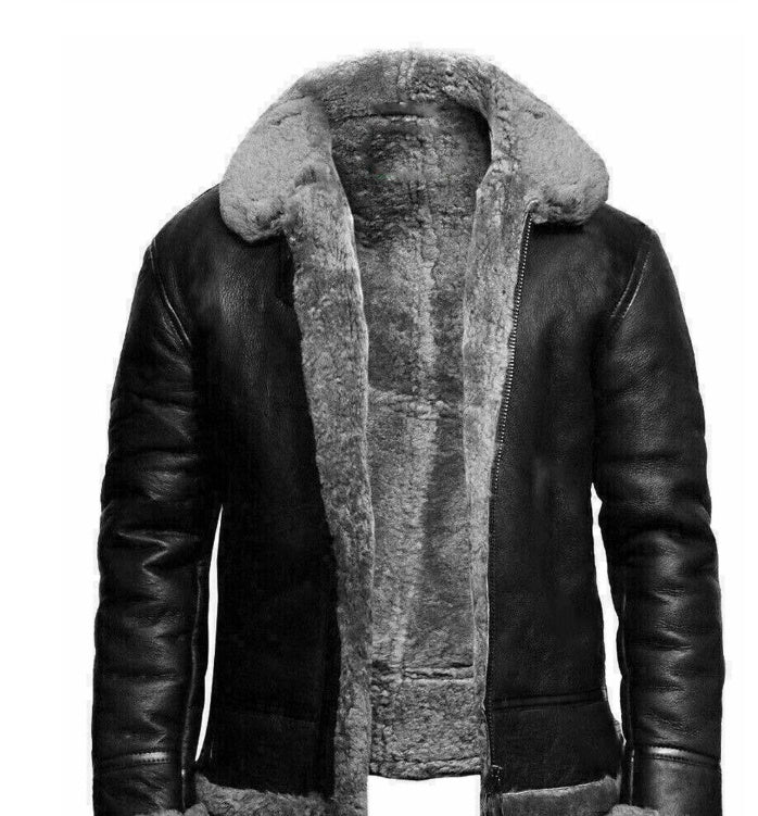 Men's Leather-fur One-piece Lapel Winter Cold-proof  Leather Jacke