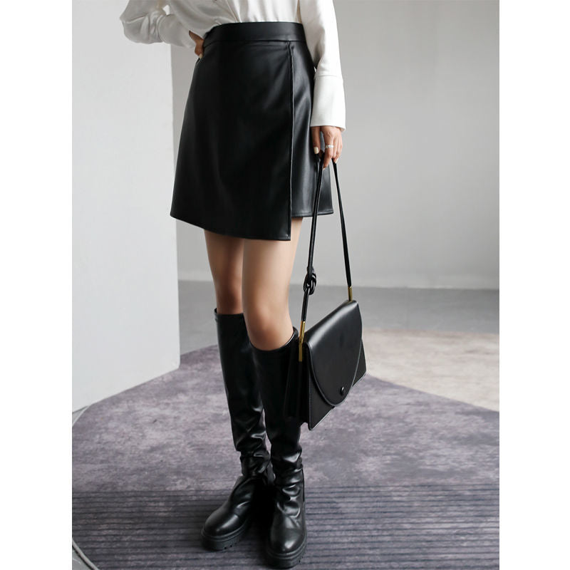 Retro High Waist PU Leather A- Line Small Leather Skirt Temperament Hip Skirt Skirt Women's Split Skirt