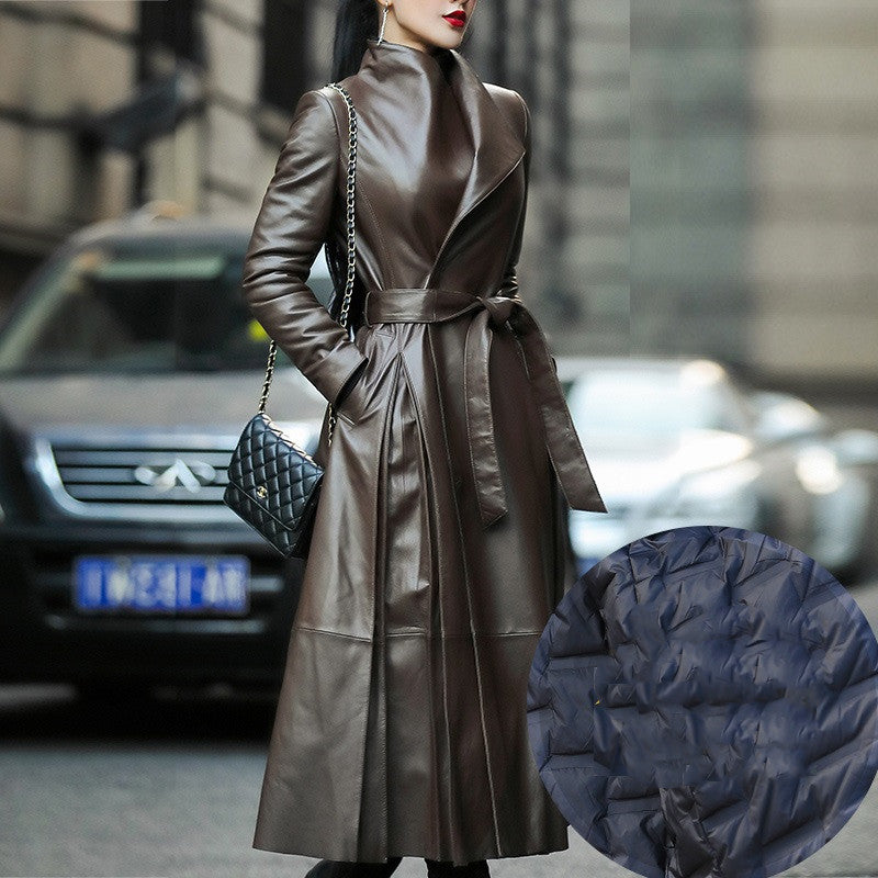 Women's waist leather down jacket