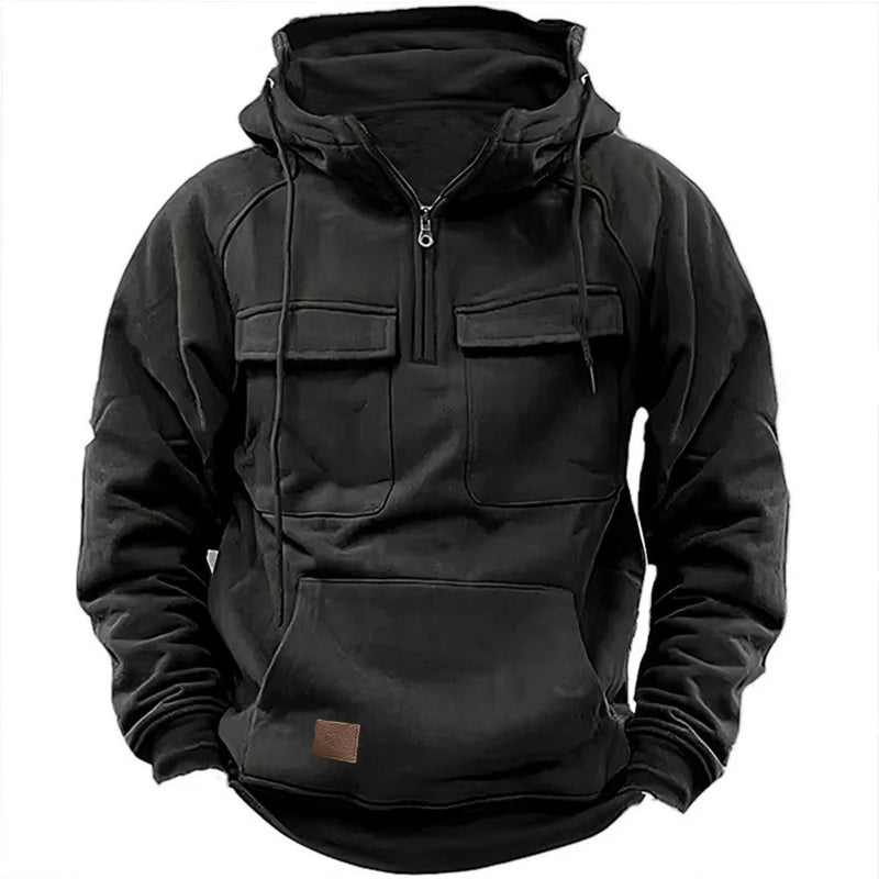 Men's Hooded Solid Color Multi-pocket Leather Sweater Jacket