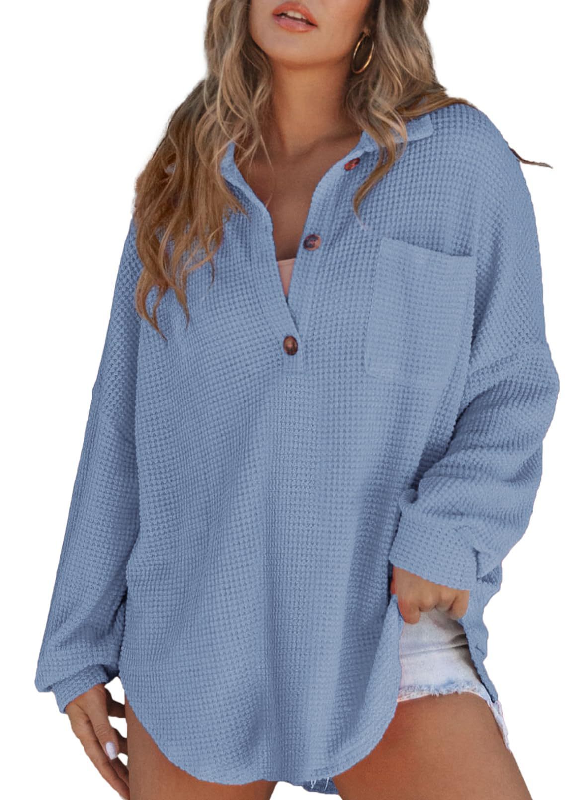 Women's Waffle Knit Loose Long Sleeve Top