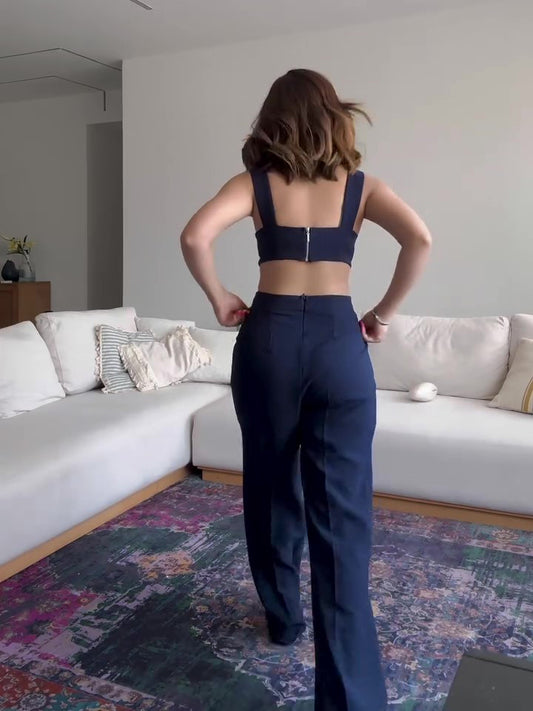 Navy Blue Suspender Jumpsuit | Waist-Baring One-Piece Outfit for Women | Trendy & Bold Look