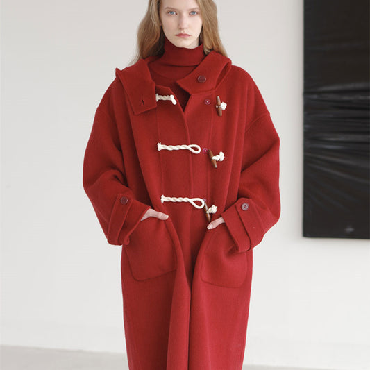 Retro Red Wool Double Faced Woolen Coat Women