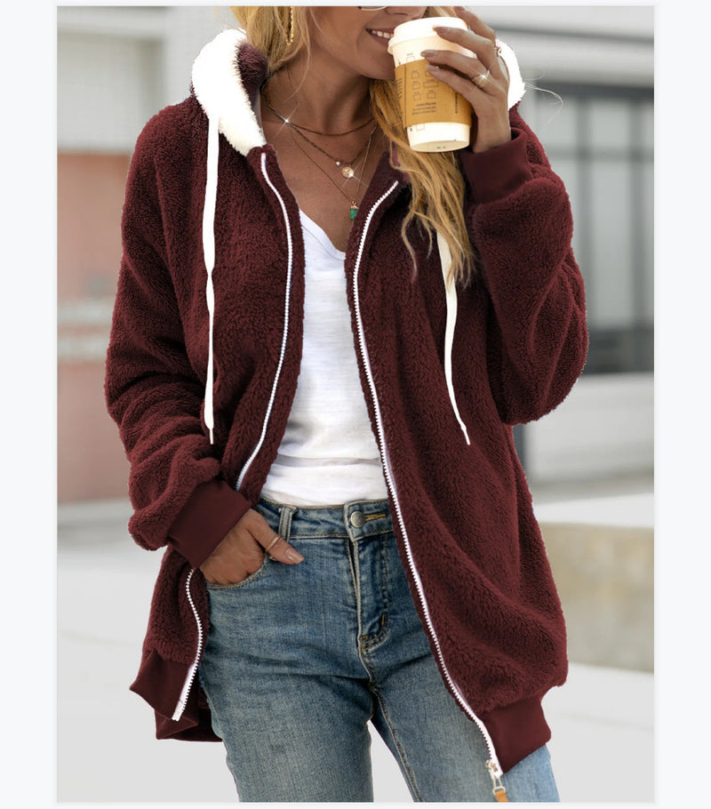 Women's Loose Plush Zipper Hooded Jacket