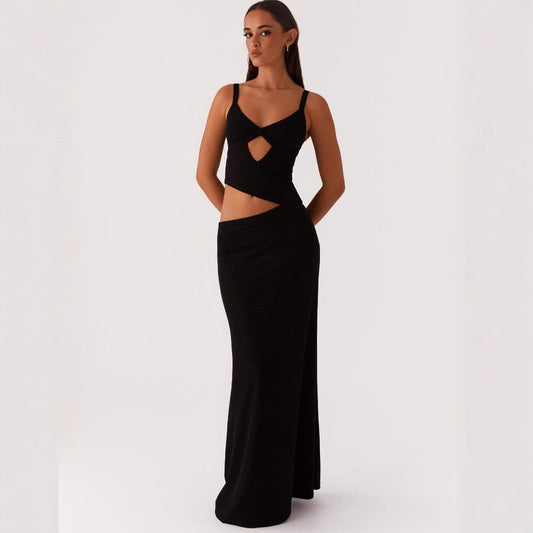 Hollow Irregular Stitching Solid Color Dress