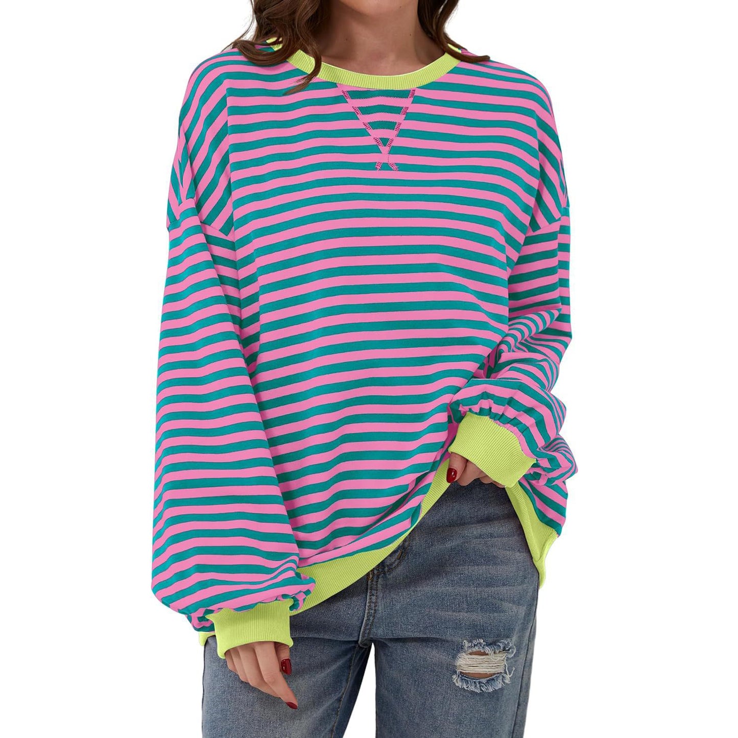 Loose Striped Long Sleeve T-shirt Casual Pullover Sweater For Womens Clothing