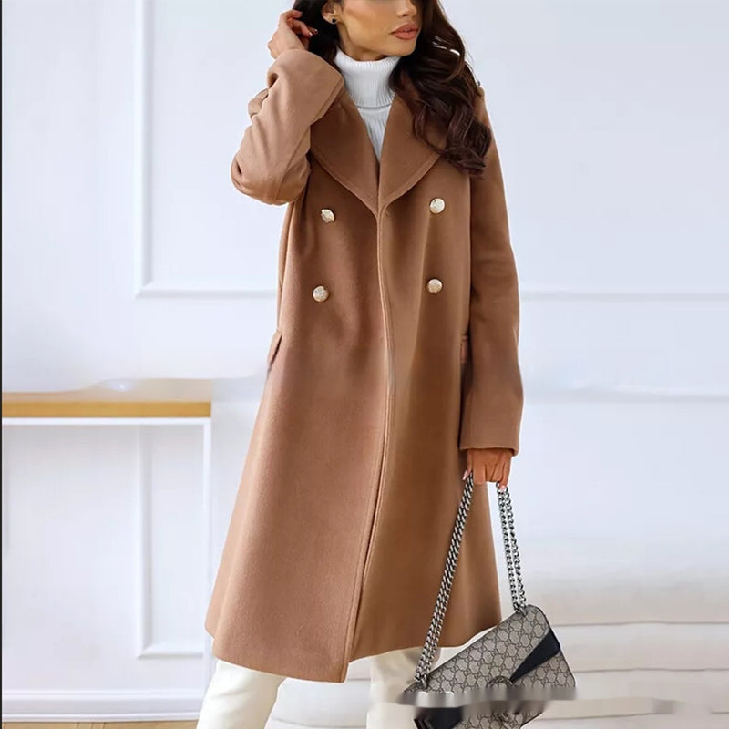 Simple Double Breasted Woolen Coat For Women