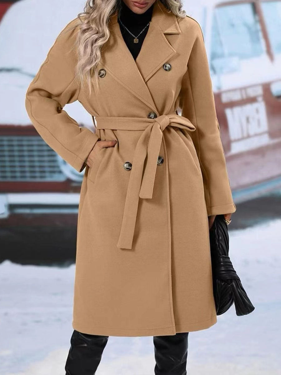 Lapel Double-breasted Trench Coat With Belt Winter Fashion Solid Color Long Jacket Outwear Women Clothing